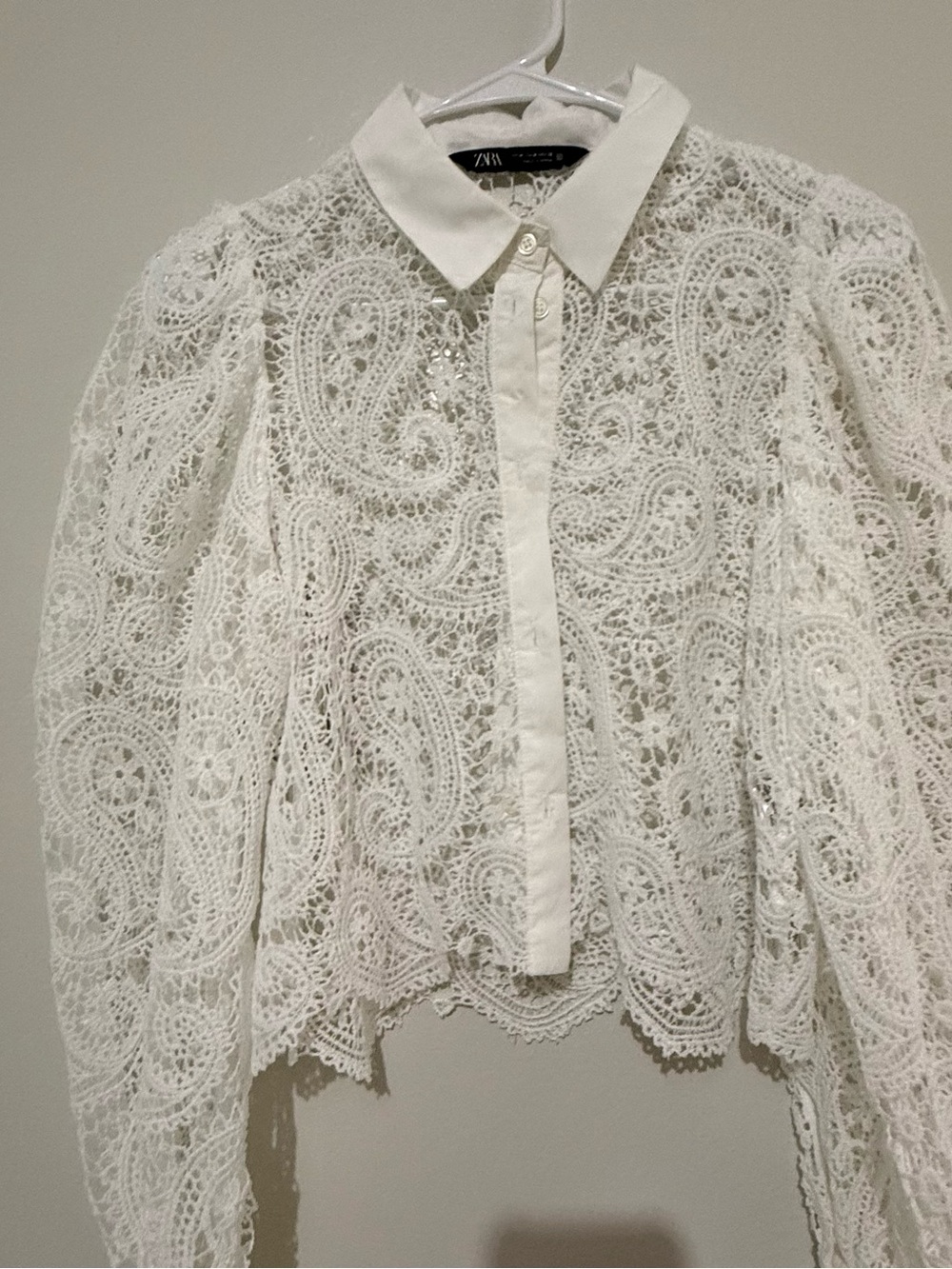 Zara White Lace Button-Down Collared Blouse